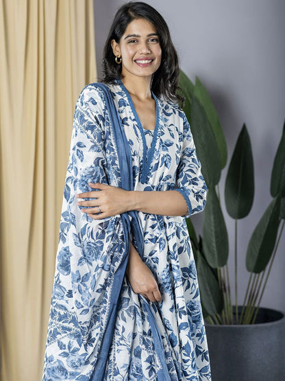 Dhiyona KL Floral Printed V-Neck Anarkali Pure Cotton Kurta With Trousers And Dupatta