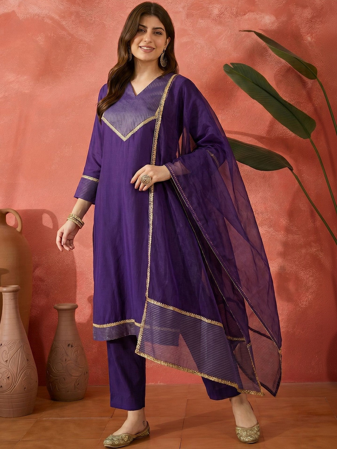 Embroidered V Neck Kurta Sets