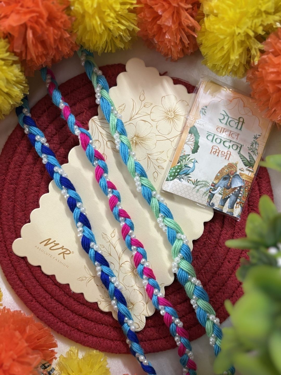 Dhiyona Set Of 3 Multicolor Thread Rakhi With Roli Chawal Chandan Mishri