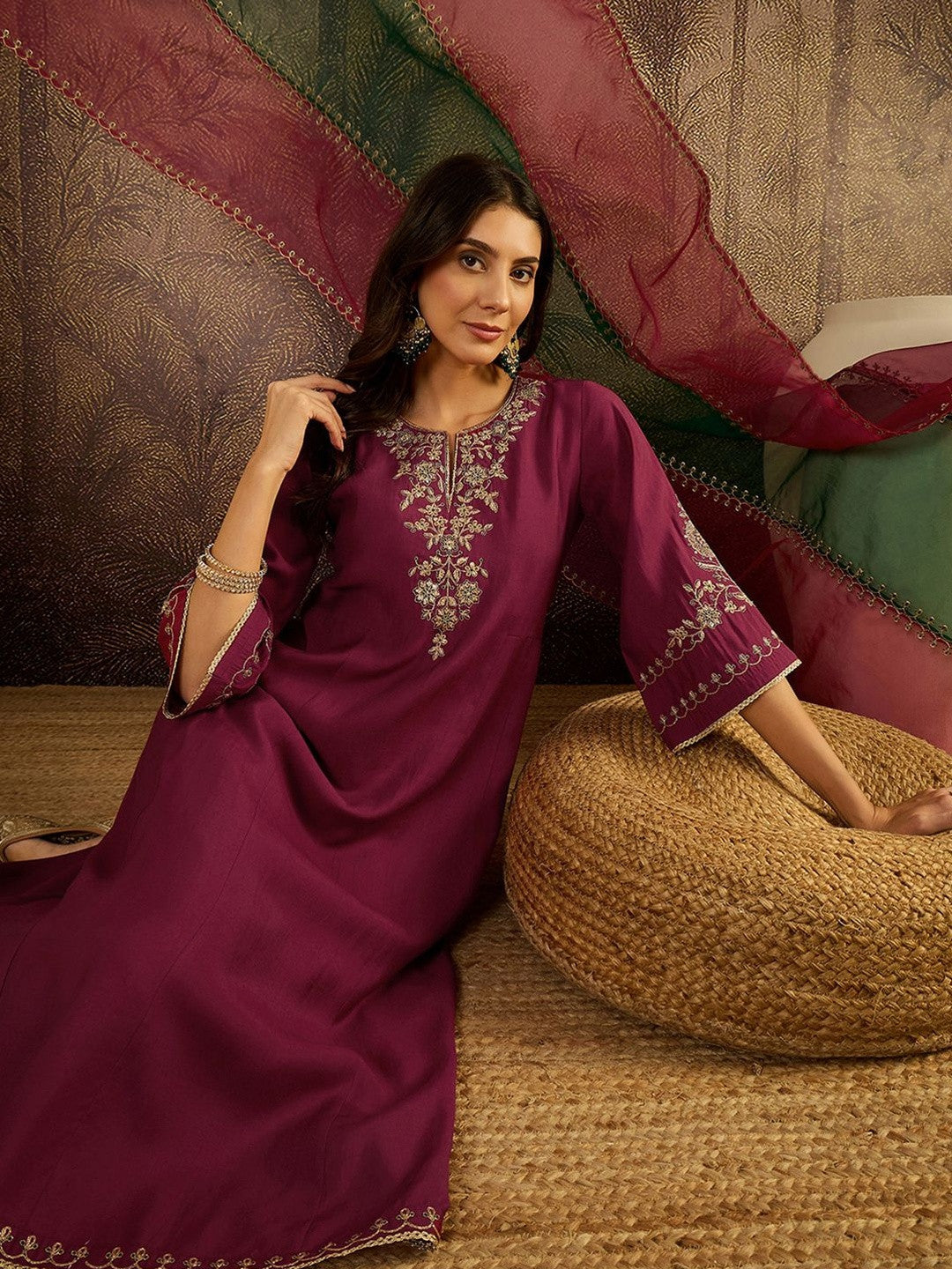 Zari Sequence Thread Embroidered A-Line Kurta & Trousers With Dupatta