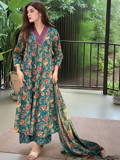 Dhiyona KL Women Green Rayon Blend Printed Anarkali Kurta Set With Dupatta
