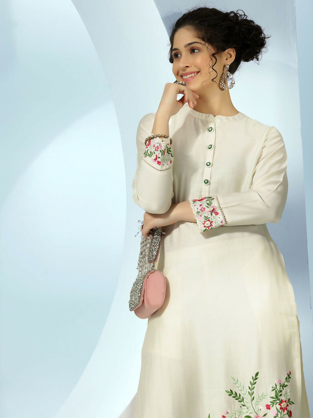 Women's LB Off White Embroidered Silk Blend Straight Kurta Set