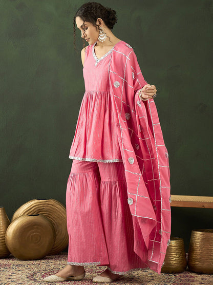 Sequence With Striped Kurta & Sharara With Dupatta