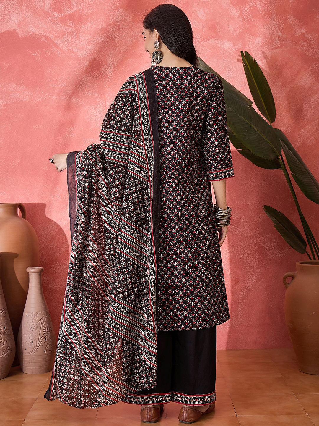 Floral Printed Pure Cotton Straight Kurta & Palazzos With Dupatta