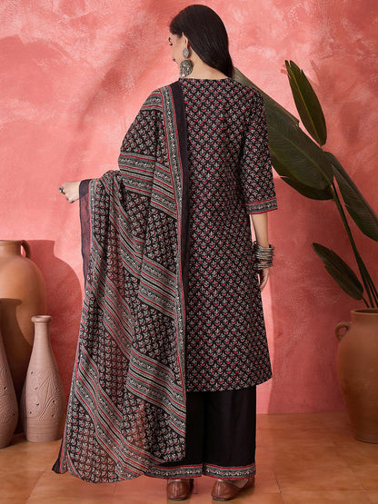 Floral Printed Pure Cotton Straight Kurta & Palazzos With Dupatta