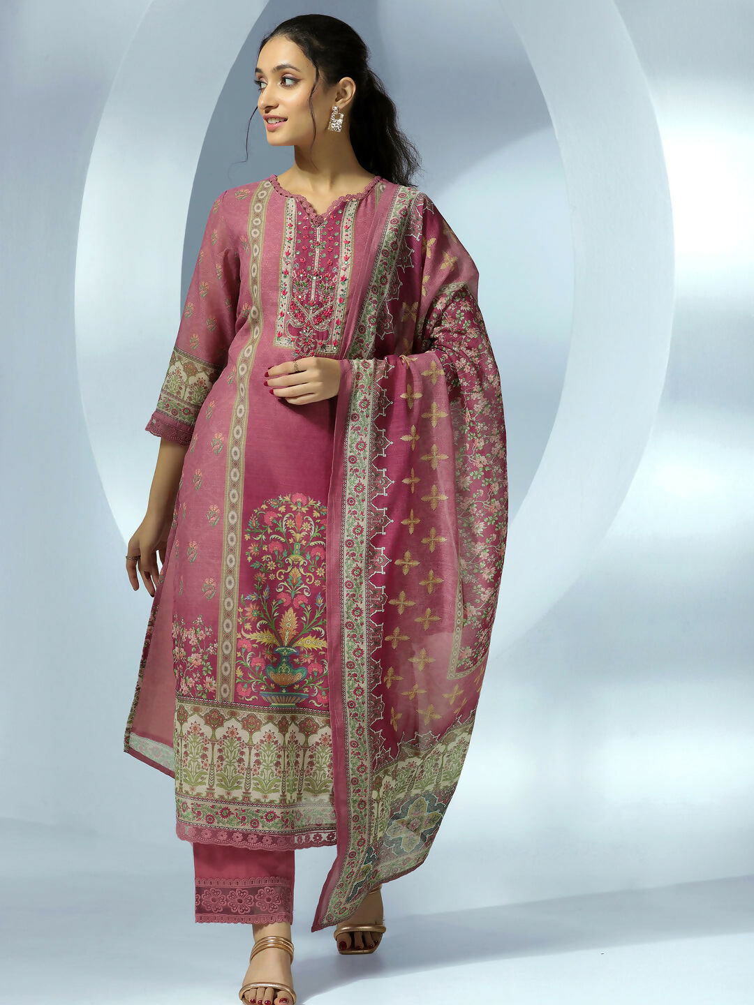 Women's LB Mauve Printed Linen Straight Suit With Dupatta