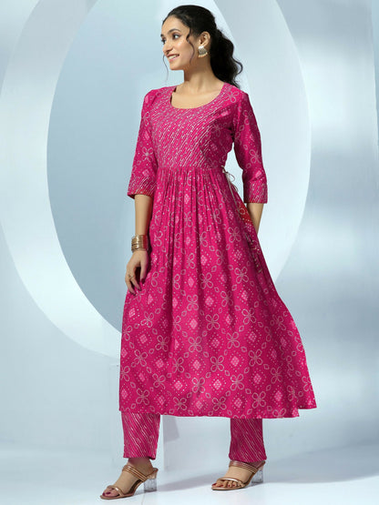 Women's LB Pink Printed Silk Blend A-Line Kurta With Trousers & Dupatta