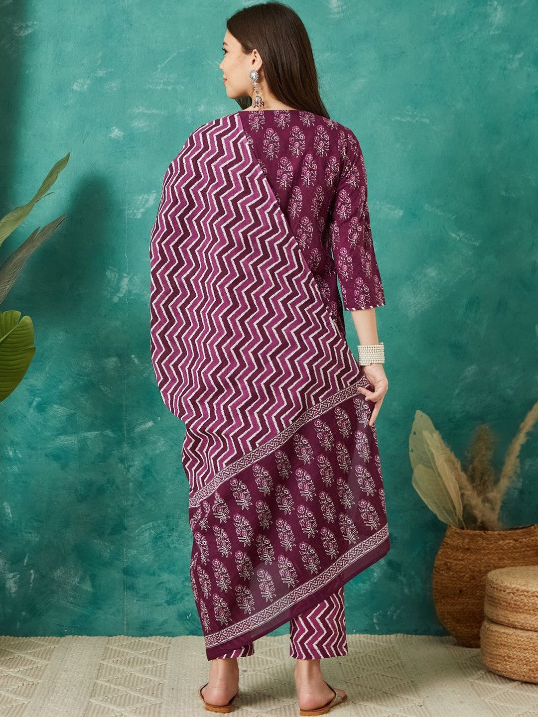 Printed Cotton Round Neck Kurta & Trousers With Dupatta