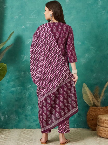 Printed Cotton Round Neck Kurta & Trousers With Dupatta