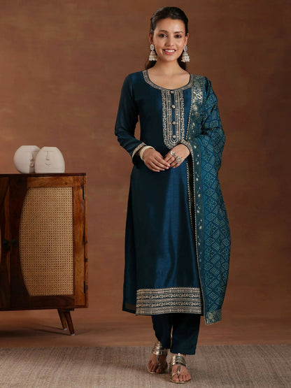 Women's LB Teal Embroidered Silk Blend Straight Suit With Dupatta