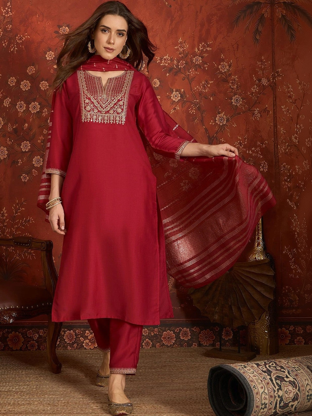 Women Ethnic Motifs Embroidered Regular Thread Work Kurta with Trousers & With Dupatta