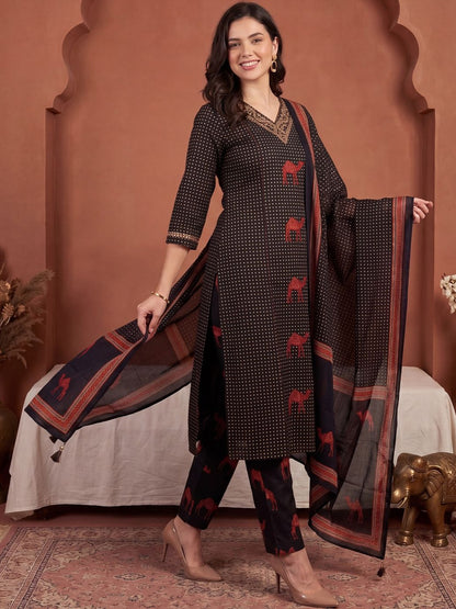 Women Ethnic Motifs Printed Regular Thread Work Pure Cotton Kurta with Trousers & With Dupatta