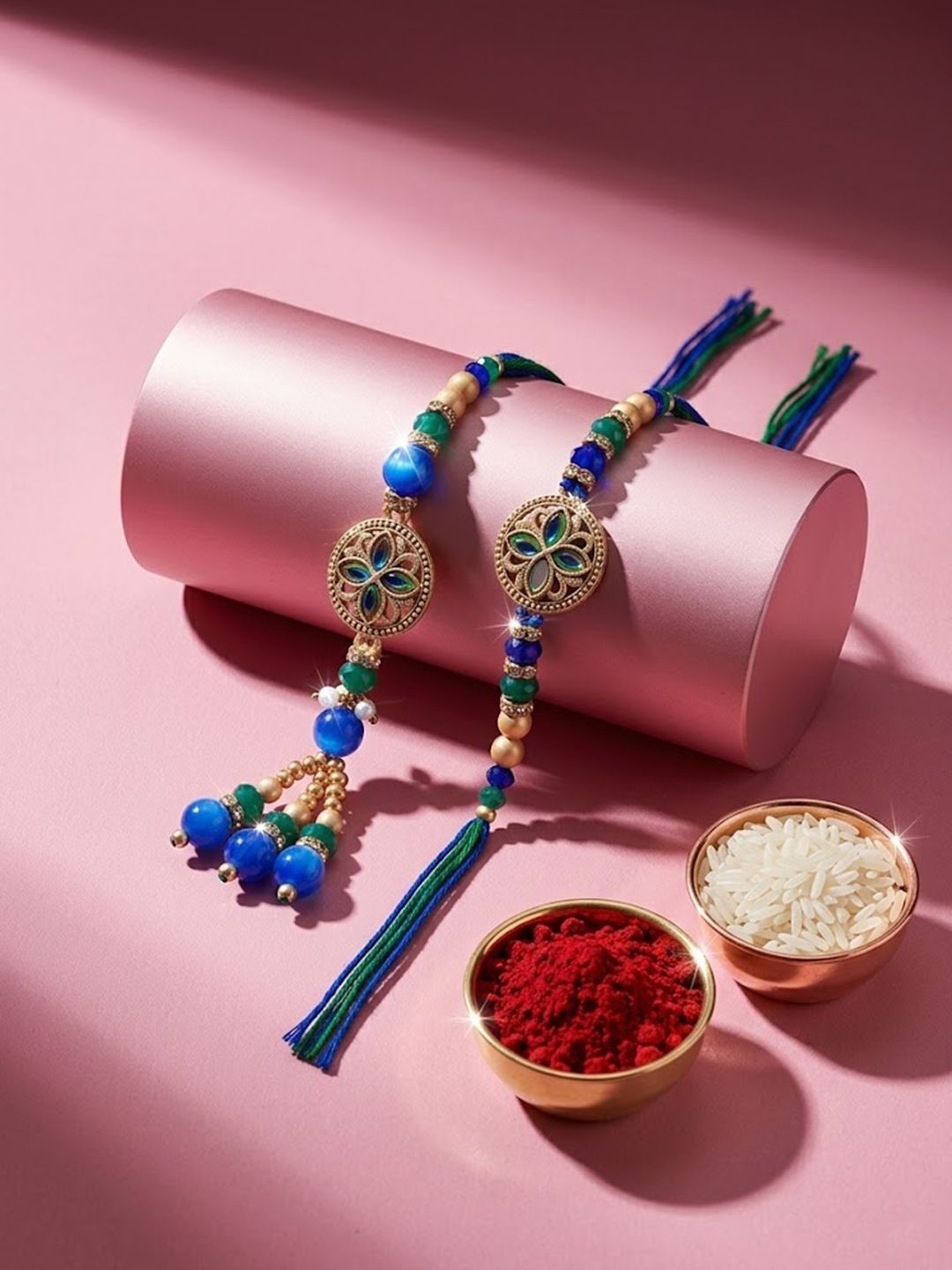 Anouk Set Of 2 Blue Artificial Beads Morpankh Style Bhaiya Bhabhi Rakhi With Roli Chawal
