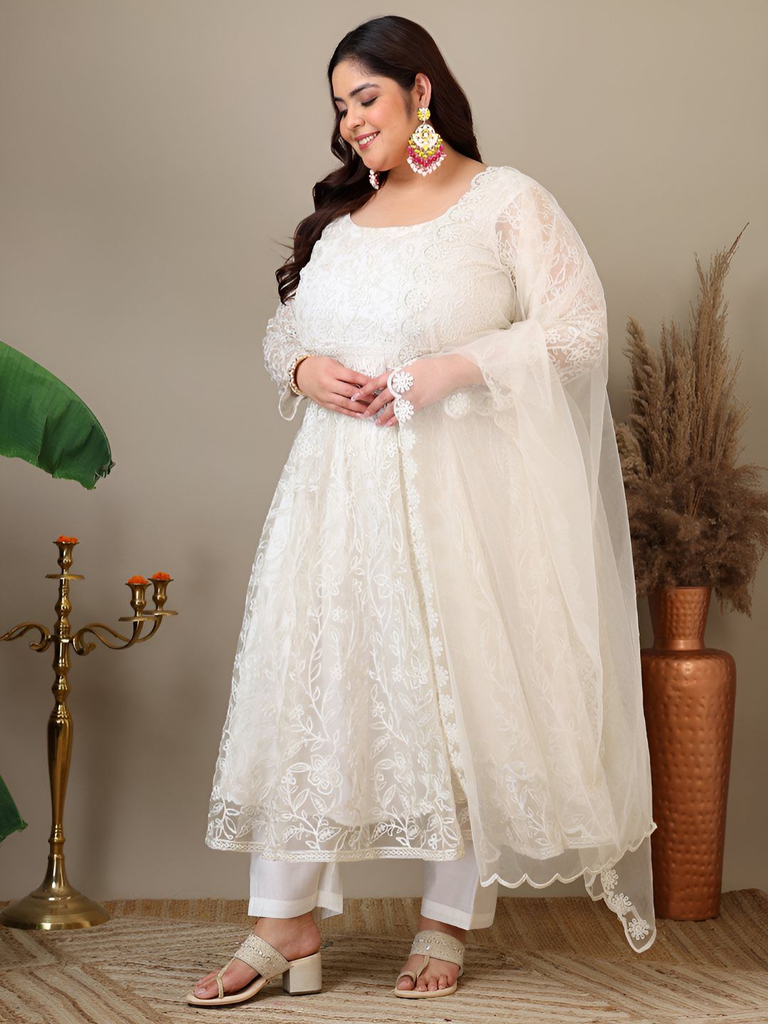 Dhiyona IN Women Floral Embroidered Empire Thread Work Kurta with Trousers & Dupatta