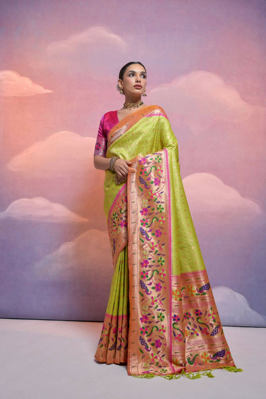 Women Paithani Vani Mahendi Saree With Unstiched Blouse