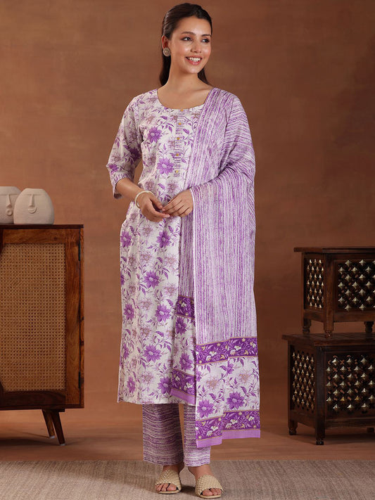Floral Printed Pure Cotton Straight Kurta with Trousers & With Dupatta