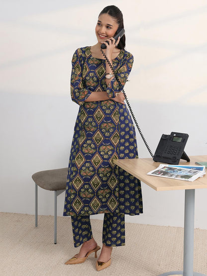 Libas Blue Floral Printed Cotton Blend A-Line Kurta Set
