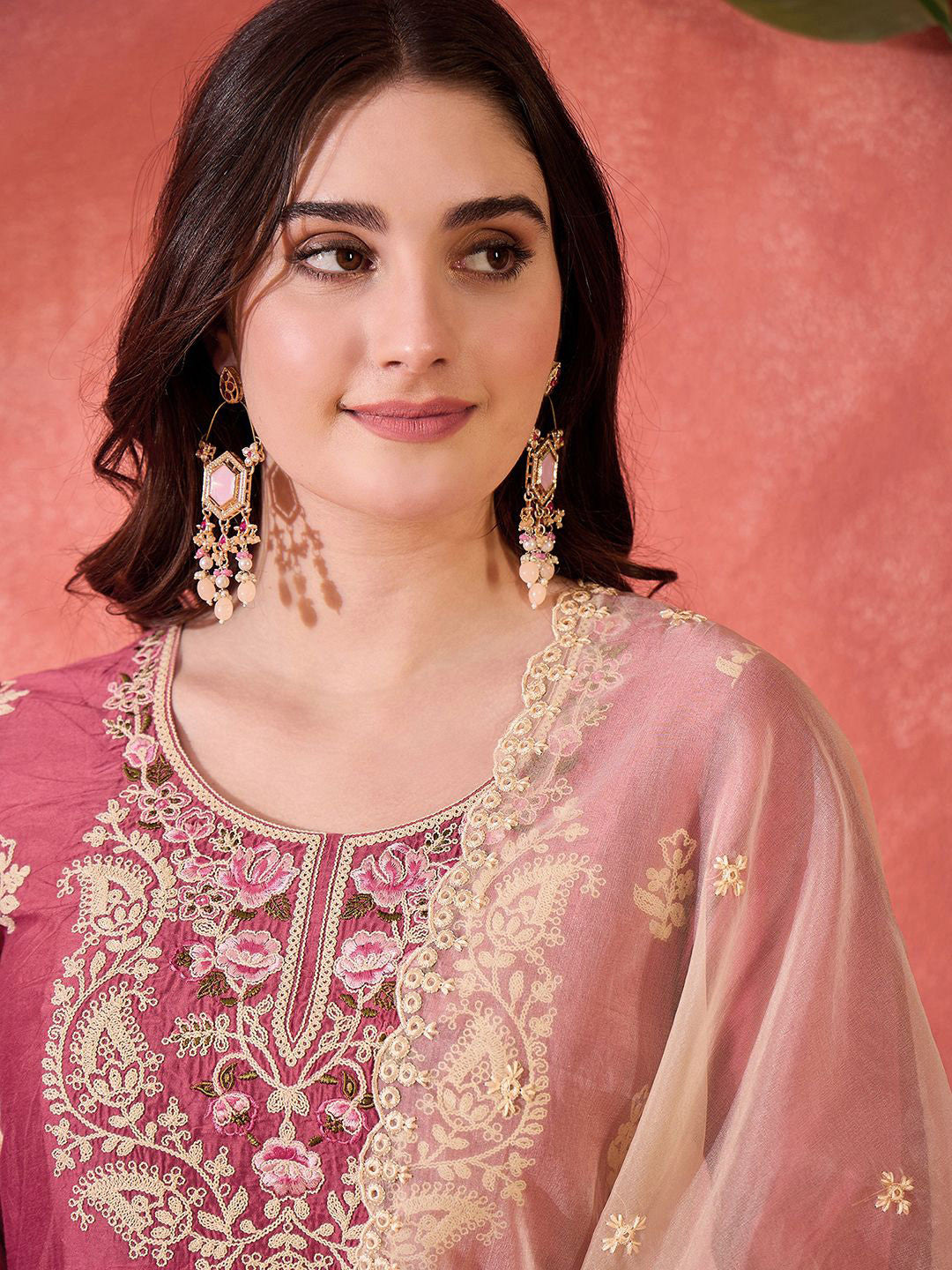 Women Embroidered Straight Kurta & Trousers With Dupatta