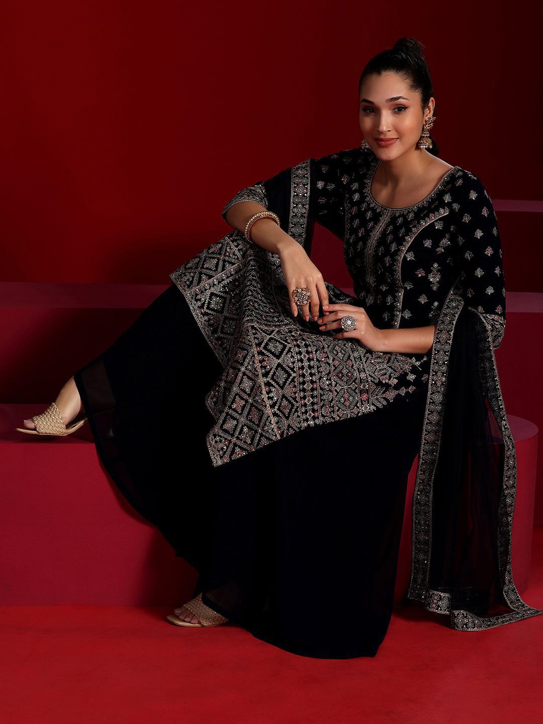 Dhiyona LL Floral Embroidered Georgette Panelled Straight Kurta with Palazzo & Dupatta