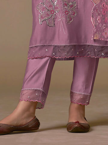 Women's Lavender Embroidered Straight Kurta Trousers With Dupatta Set