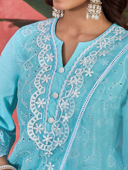 Floral Embroidered Printed Pure Cotton Kurta With Trousers & Dupatta