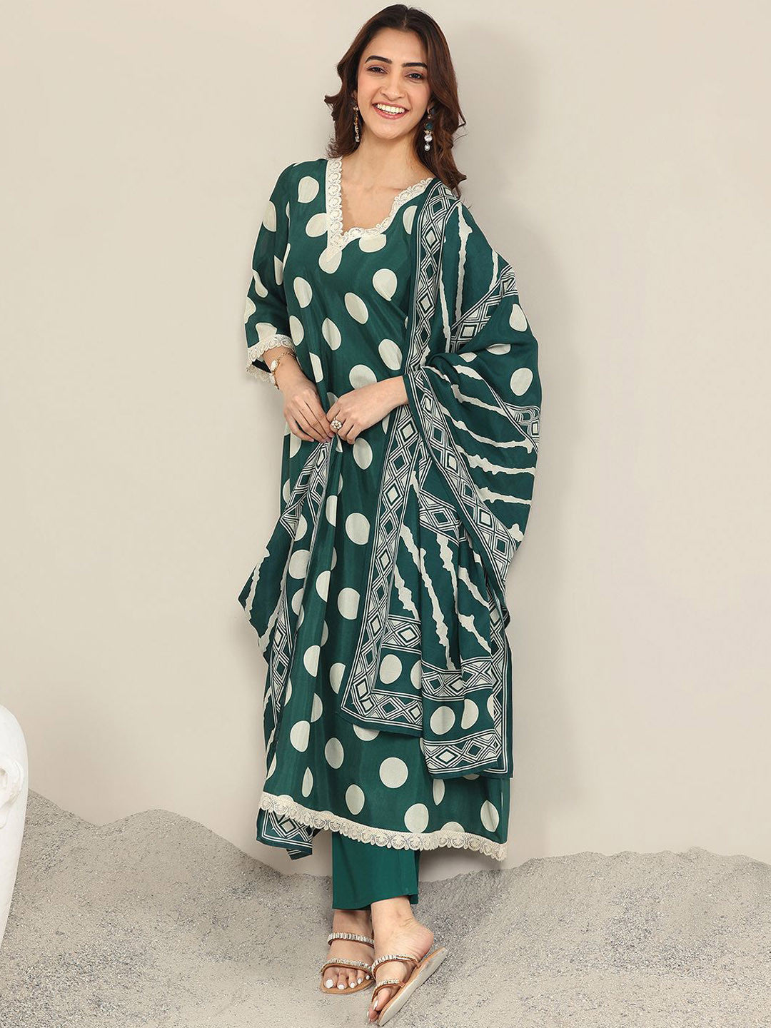 Polka Dot Printed V Neck A-Line Kurta With Trousers & Dupatta