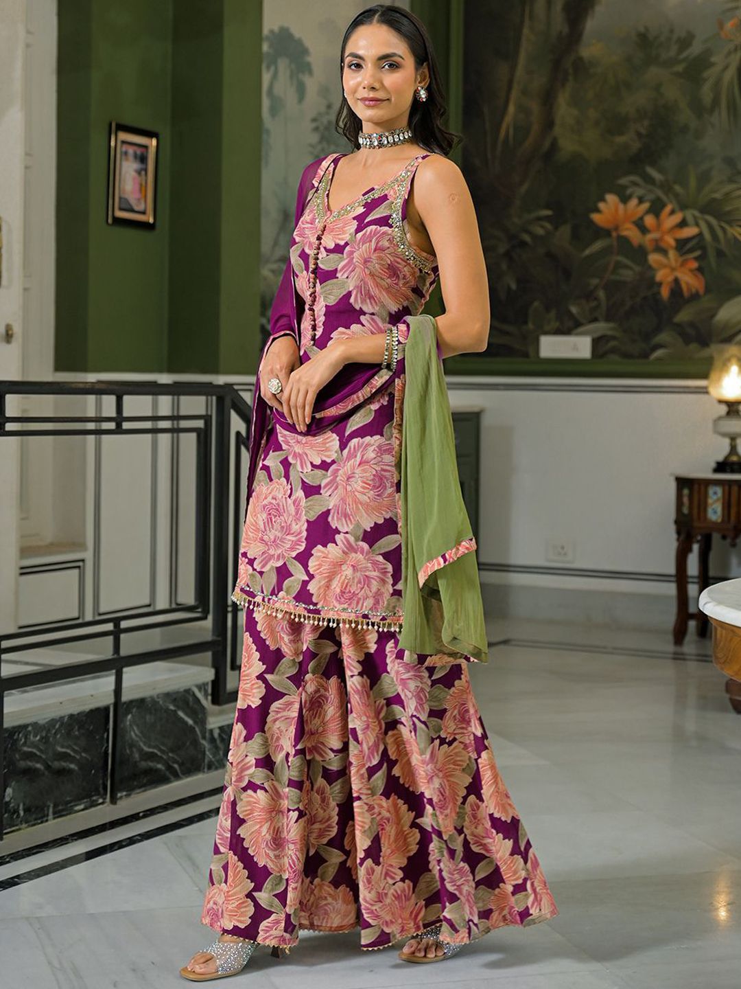 Dhiyona HOP Floral Printed Beads & Stones Milano Chiffon Kurta With Sharara & Dupatta
