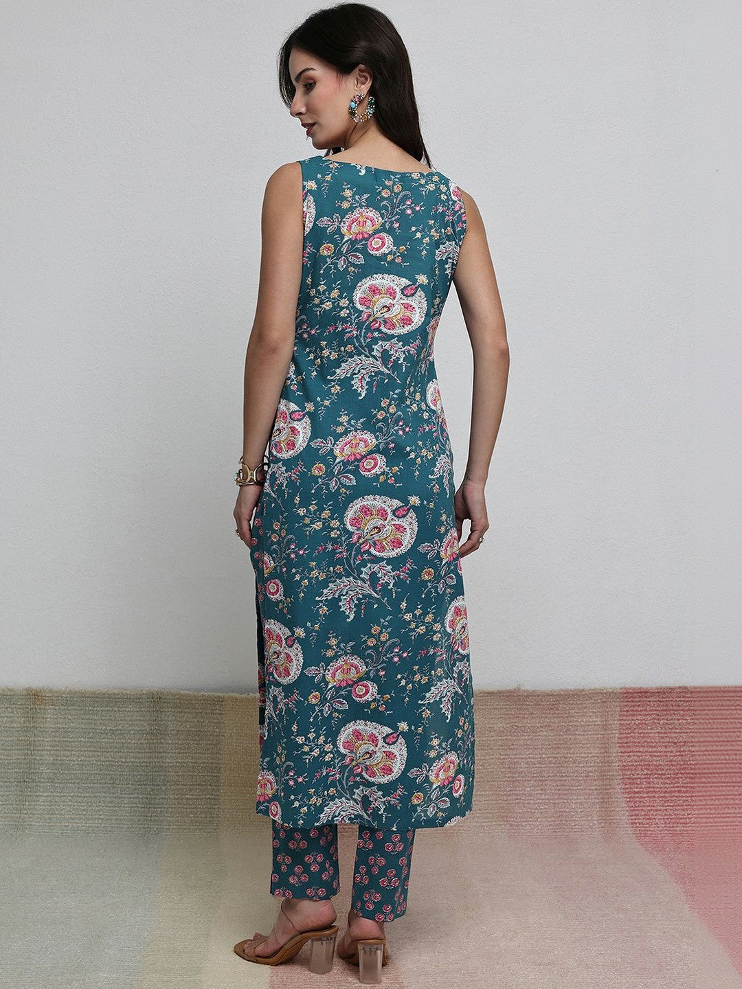 Teal Floral Printed Cotton Straight Kurta Set
