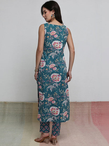 Teal Floral Printed Cotton Straight Kurta Set