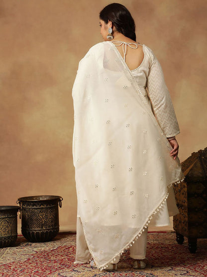 Dhiyona IN Chevron Embroidered Thread Work Anarkali Cotton Kurta with Trouser & Dupatta