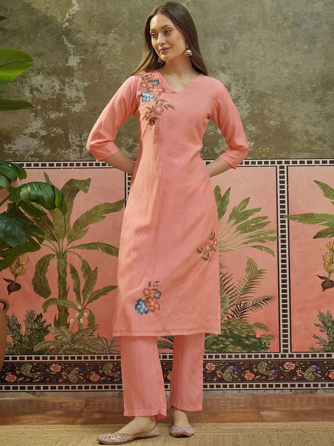 Embroidered V-Neck Kurta & Trousers With Dupatta