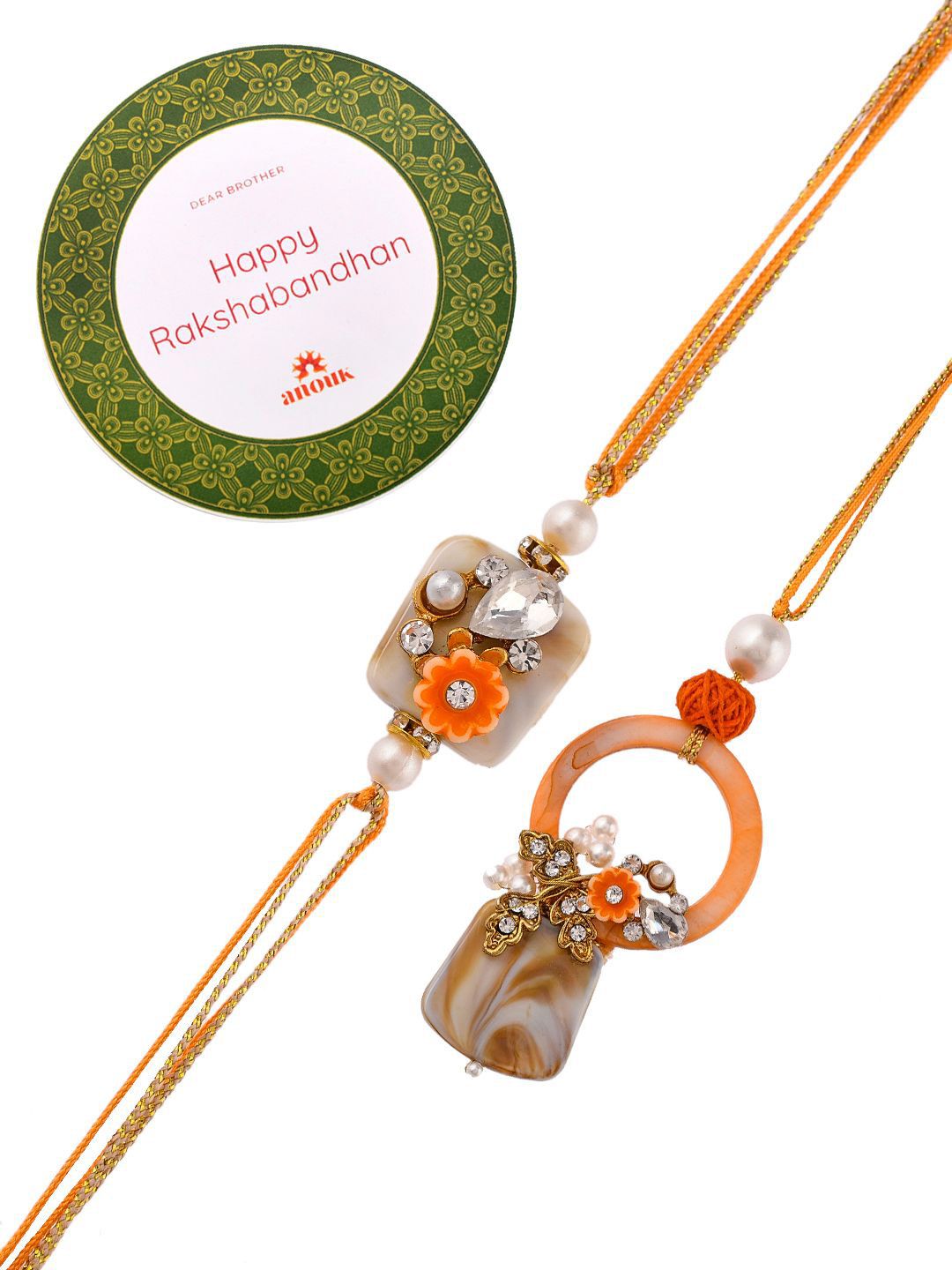 Dhiyona Orange Beaded Bhaiya Bhabhi Rakhi With Roli Chawal & Greeting Card