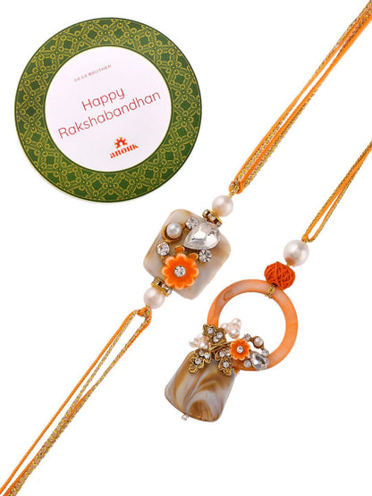 Dhiyona Orange Beaded Bhaiya Bhabhi Rakhi With Roli Chawal & Greeting Card
