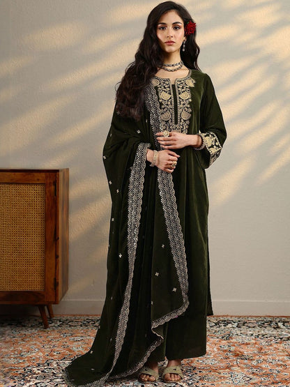 Dhiyona LL Ethnic Motifs Embroidered Thread Work Straight Velvet Kurta With Palazzos & Dupatta