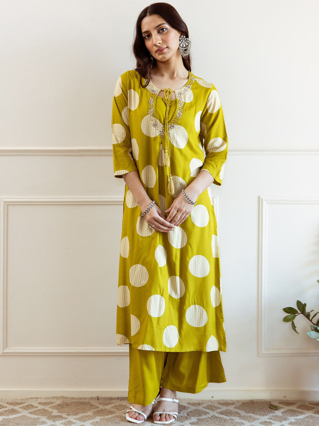 Geometric Printed Sequinned Tie-Up Neck Kurta & Palazzos