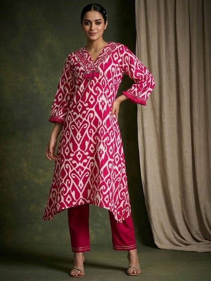 Printed V-Neck Kurta & Trousers
