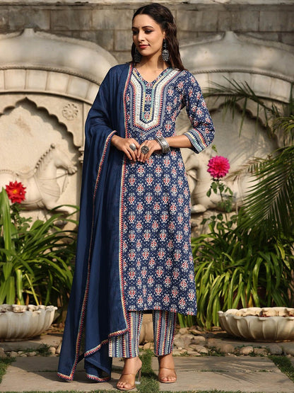 Dhiyona RR Women's Printed Regular Mirror Work Pure Cotton Kurta with Trousers & With