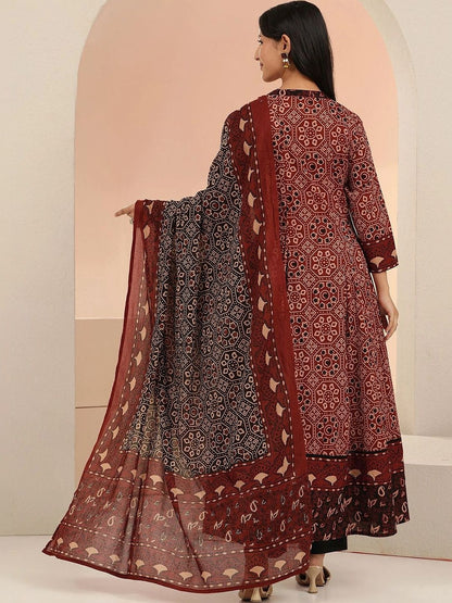 Rust Ajrakh Printed Cotton Anarkali Suit Set