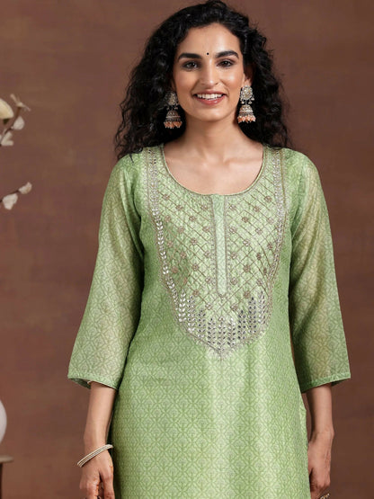 Women's LB Green Printed Silk Blend Straight Suit With Dupatta