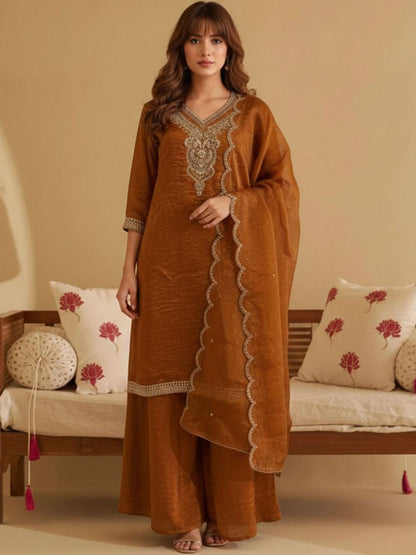 Dhiyona CH Women Ethnic Motifs Embroidered Regular Thread Work Kurta with Palazzos & With Dupatta