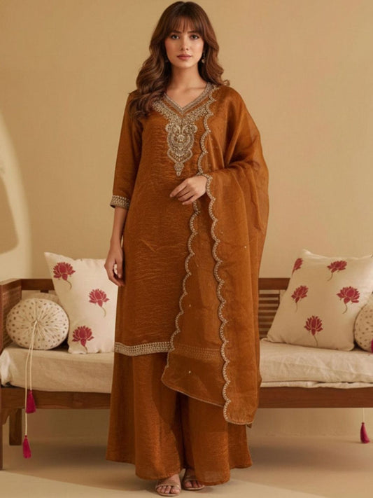 Dhiyona CH Women Ethnic Motifs Embroidered Regular Thread Work Kurta with Palazzos & With Dupatta
