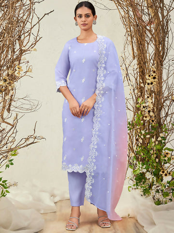 Women's Lavender Straight Embroidered Kurta Trousers With Dupatta Set