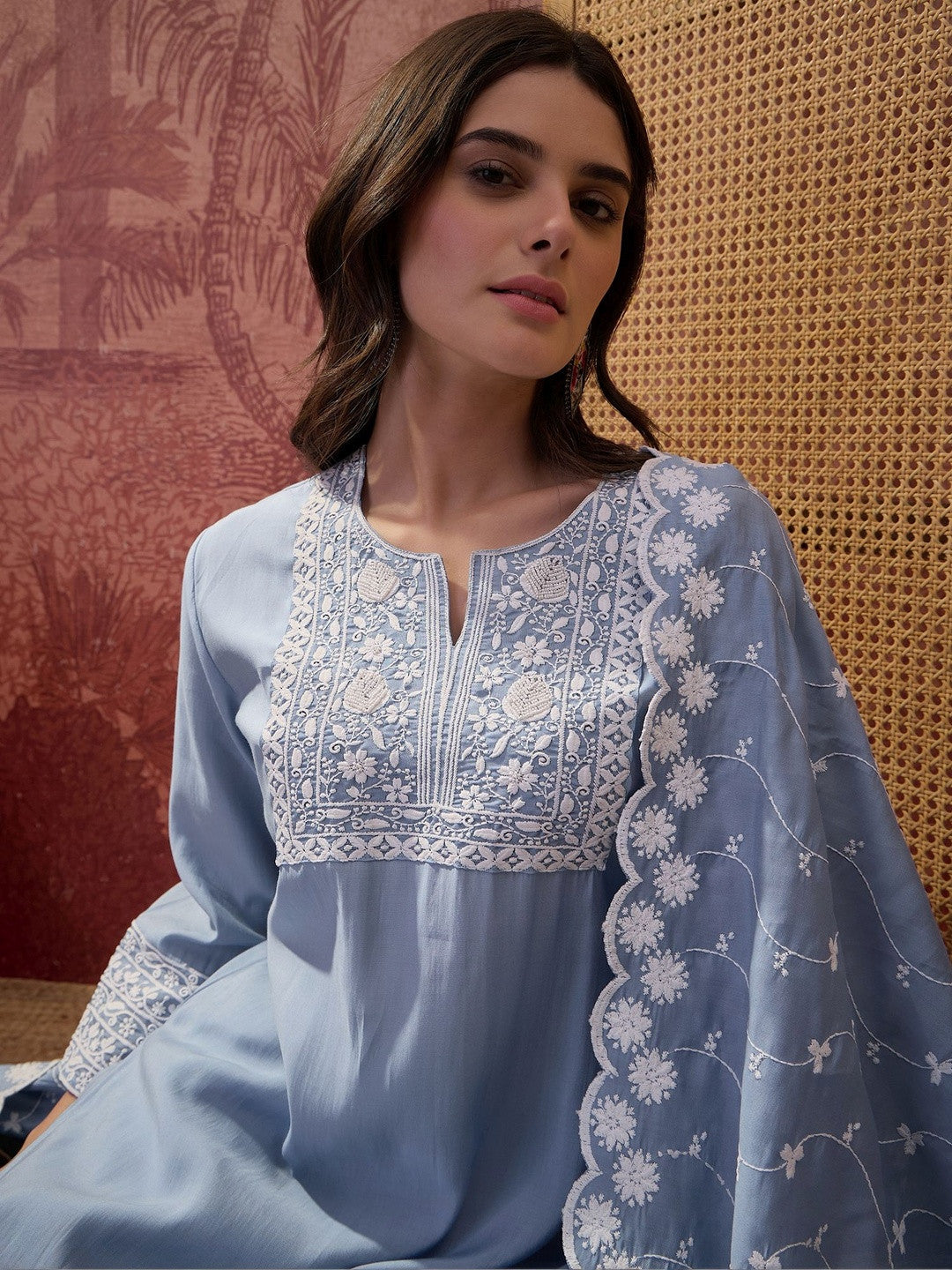 Embroidered V-Neck Kurta Trousers & Dupatta