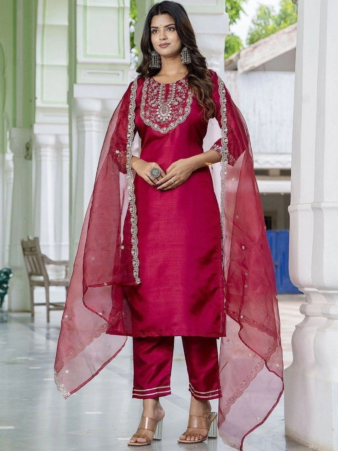 Women Embroidered Regular Kurta with Trousers & With Dupatta