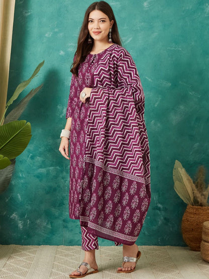 Printed Cotton Round Neck Kurta & Trousers With Dupatta