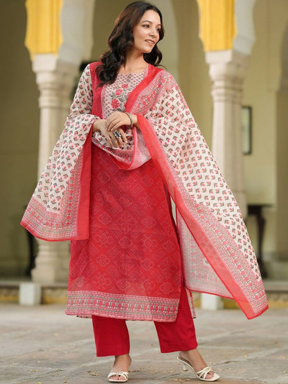 Dhiyona RR Women's Bandhani Printed Sequinned Chanderi Cotton Kurta With Trousers & Dupatta