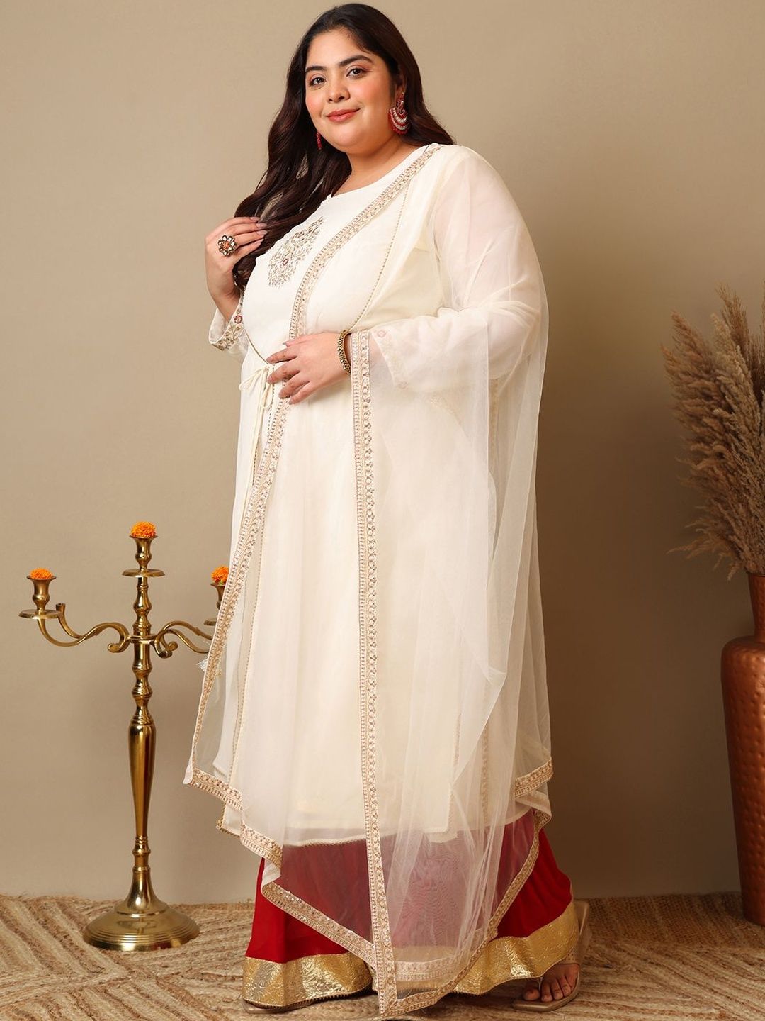 Dhiyona IN Ethnic Motifs Embroidered Panelled A-Line Zari Kurta With Sharara & Dupatta