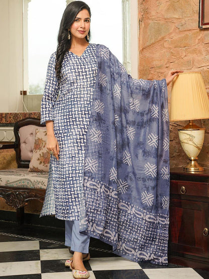 Dhiyona KL Ethnic Motifs Printed V-Neck Straight Kurta With Trousers & Dupatta
