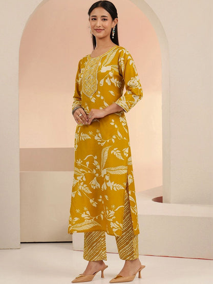 Mustard Floral Printed Cotton Blend Straight Suit Set