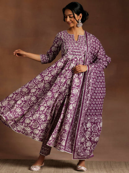 Women's LB Purple Printed Cotton Anarkali Suit With Dupatta